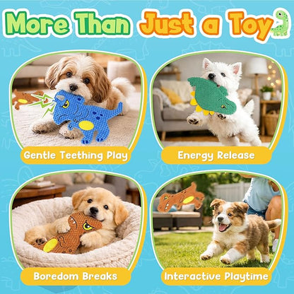 KIPRITII Dinosaur No-Stuffing Dog Squeaky Toys to Keep Dogs Busy, 3-Pack Puppy Toys for Interactive Play & Boredom Relief