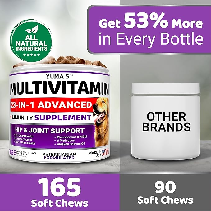 Dog Multivitamin Chewable with Glucosamine - Dog Vitamins and Supplements - 165 Treats - Senior & Puppy Multivitamin for Dogs - Hip & Joint Support - Immune Health, Skin, Heart, Digestion, Probiotics
