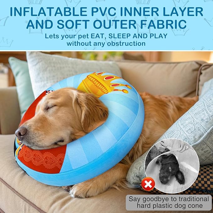 SCENEREAL Dog Cone Alternative After Surgery Donut Collar, Soft Pet Recovery Pillow Collar for Medium Large Dogs, Inflatable Adjustable Neck Collars to Prevent Licking, King Print E-Collars M