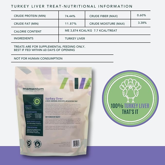 Momentum Carnivore Nutrition Freeze-Dried Turkey Liver Dog Treats & Cat Treats – Single-Ingredient, High-Protein, Grain-Free, Naturally Flavorful & Lean – Made in USA – 3.5 oz Bag