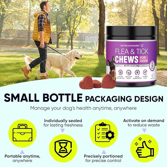 Dog Flea and Tick Treatment Chewable for 50 Count (4 Pack) Pet Control Oral Flea and Tick Chewable Supplement Fleas Ticks Prevention Treats for Puppies Soft 200 Chews All Breeds Ages Chicken Flavor