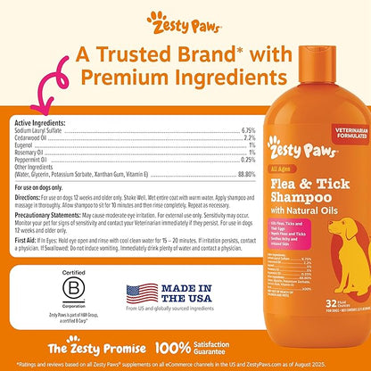Zesty Paws Flea and Tick Shampoo for Dogs - Veterinarian Formulated Flea Shampoo for Dogs to Kill Fleas, Ticks & Their Eggs - Soothes Itchy & Irritated Dog Skin - Cedarwood, Rosemary & Peppermint Oil