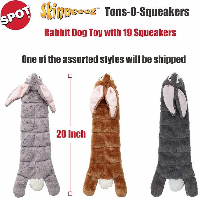 SPOT Skinneeez Tons-O-Squeakers Rabbit Dog Toy - with 19 Squeakers for Tons-O-Fun! Stuffing-Free, Great for Moderate Chewers, Tug Toy for Medium to Large Puppies & Dogs - 20in, Assorted Styles