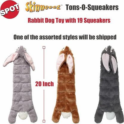 SPOT Skinneeez Tons-O-Squeakers Rabbit Dog Toy - with 19 Squeakers for Tons-O-Fun! Stuffing-Free, Great for Moderate Chewers, Tug Toy for Medium to Large Puppies & Dogs - 20in, Assorted Styles