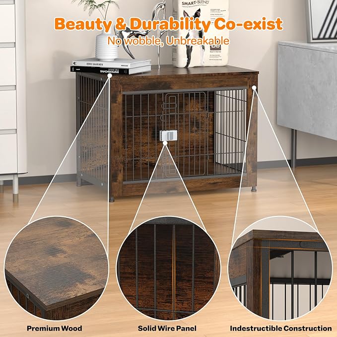 Dog Crate Furniture, Wooden Dog Crate 32in, Decorative Cage with End Table for Dog Indoor Kennel, High Anxiety Dog, Escape-Proof Locks for All Breeds