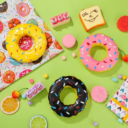 Leitee 3 Pieces 5.3 Inch Assorted Donut Dog Chew Toy with Squeakers Rubber Dog Toy Pink Yellow Black for Interactive Play Small to Medium Dogs Puppy Aggressive Chewers for New Year Gift