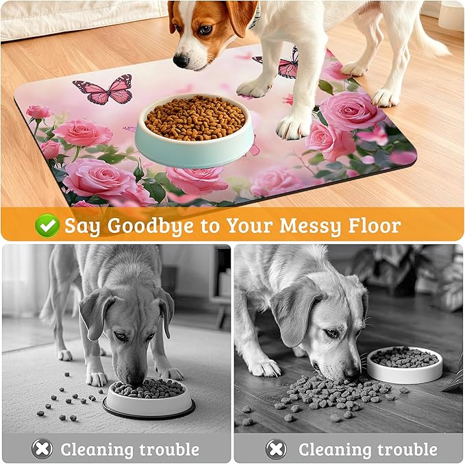 Rose Pink Dog Cat Food Mat,Butterfly Absorbent Waterproof Placemat for Food and Water Non Slip Rubber Backing Durable Feeding Pad for Clean Floors 12" x 20"