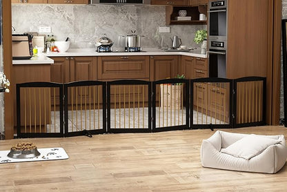 PUPETPO Freestanding Pet Gate for Dogs, Foldable Wooden Dog Gate for House, Extra Wide Indoor Pet Barrier for Stair, Doorway, Hall, Support Feet Included, 120 Inch Wide, 6 Panels 24",Black&Gold