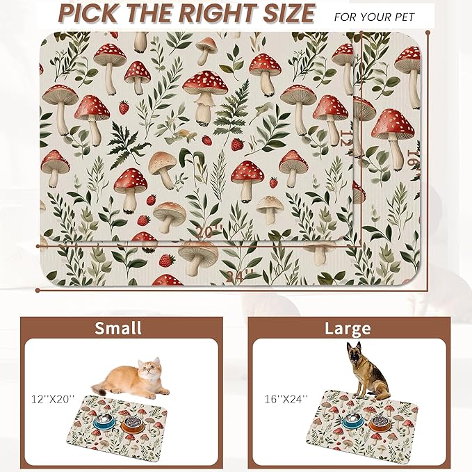 Red Mushroom Pet Feeding Mat,Fern Herb Berries Absorbent Quick-Dry Cat Dog Food and Water Bowl Mats,Non-Slip Rubber Backing Mat,Cat Dog Accessories Supplies 16"x24"