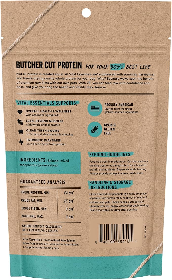 Vital Essentials Freeze Dried Dog Treats | Salmon Bites, Single Protein | Premium Quality | Grain Free Training Treats for Dogs, 2.5 oz Bag