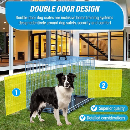 Dog Crate 36" Metal Wire Dog Cage Double Door Folding Dog Kennel with Divider Panel, Leak-Proof Plastic Pan, Foldable Travel Pet Crate for Small Medium Breed Dogs Animals,Blue