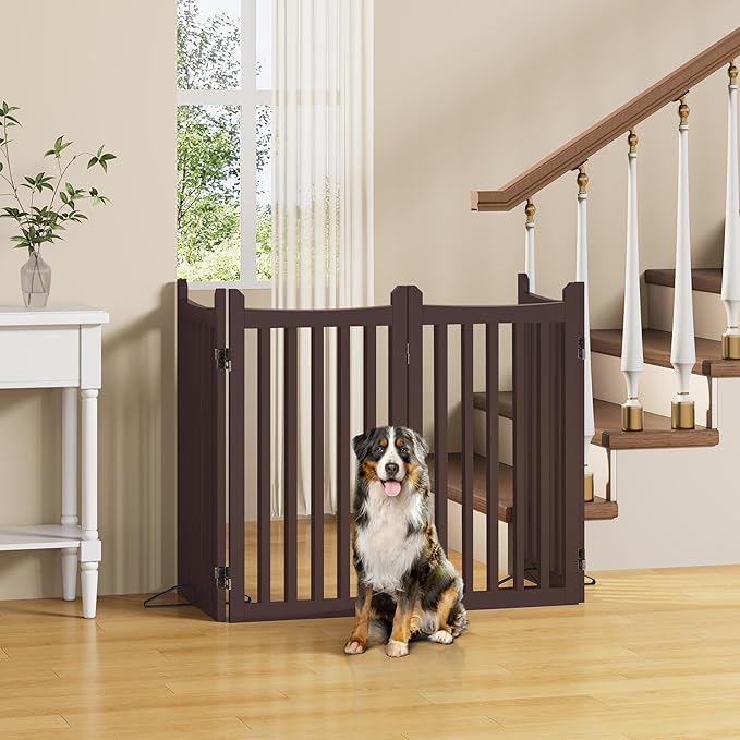 Yaheetech 36" H Extra Tall Freestanding Pet Gate 4-Panel Wooden Dog Fence with 2 Support Feet Folding Dog Gate for Indoor, Stairs, Doorway, Halls, Kitchen Wooden Pet Barrier Espresso, 79.5" L x 36" H