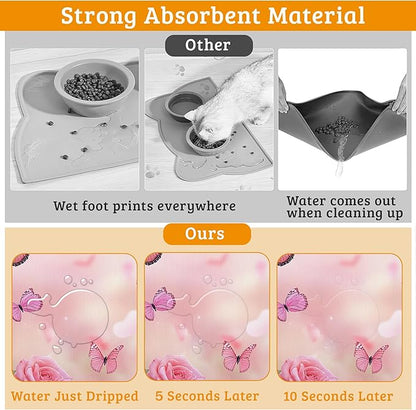 Rose Pink Dog Cat Food Mat,Butterfly Absorbent Waterproof Placemat for Food and Water Non Slip Rubber Backing Durable Feeding Pad for Clean Floors 12" x 20"
