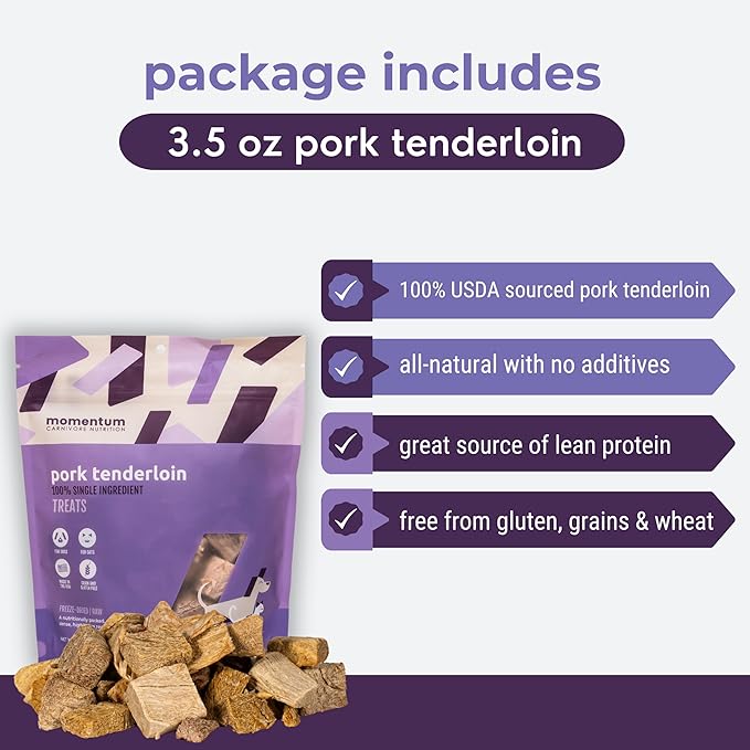Momentum Carnivore Nutrition Freeze-Dried Pork Tenderloin Dog Treats & Cat Treats – Single-Ingredient, High-Protein, Grain-Free, Lean & Naturally Tender – Made in USA – 3.5 oz Bag