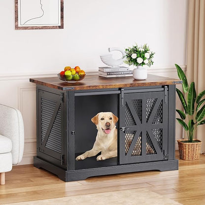 VOPEAK 40" Farmhouse Dog Crate Furniture, Heavy Duty Dog Cage for Medium Large Dogs, Wood Dog Crate Dog Kennel Indoor with Double Doors, Chew Resistant End Table for Bedroom Living Room, Black