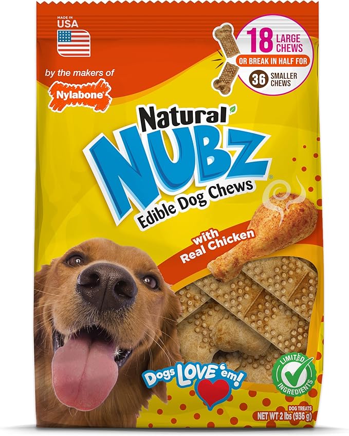Nylabone Nubz Natural Dog Chew Treats for Large Dogs, Long Lasting Dog Bones Made in USA, Chicken Flavor Breath Freshener Dental Chews, For Dogs Over 30 lbs. (18 Count)