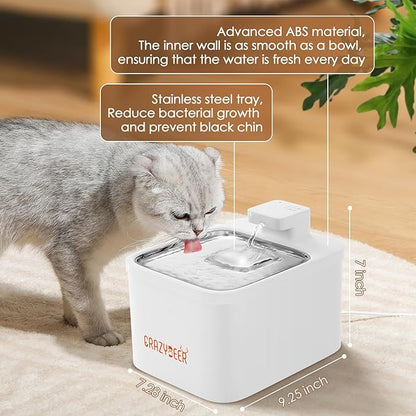 Cat Water Fountain with Stainless Steel Tray - 4L/135oz Automatic Water Dispenser for Cat, Wireless Battery Operated Drinking Fountain Bowl, Pet Water Fountain Indoor