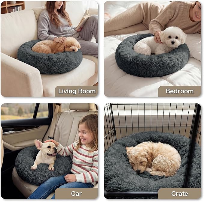WROS Calming Dog Bed, 20" x 20" x 6" Fits Cat & Dog, Anti-Slip Round Washable Faux Fur for Doze Off, Napping Orthopedic, Dark Grey
