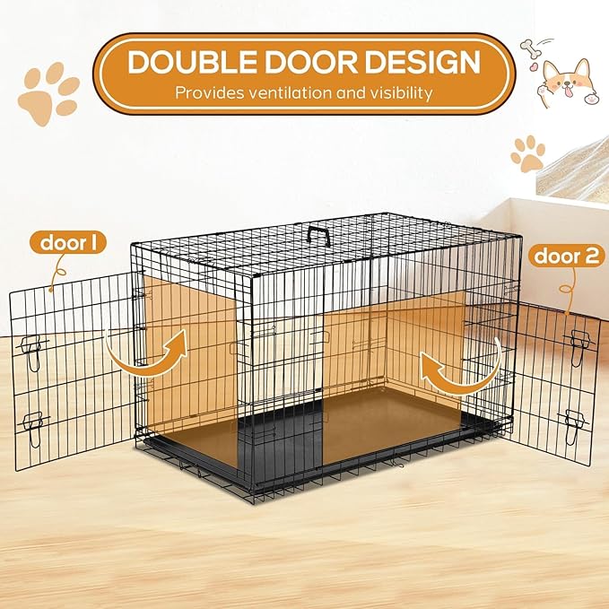 Dog Crate, 42 Inch Large Double Door Portable Dog Cage, Metal Wire Pet Kennel with Secure Lock, Leak-Proof Pan Tray, Foldable Design for Dogs Pets Indoor Training and Outdoor Trave