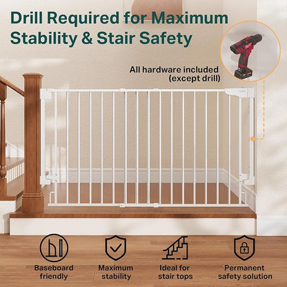 Cumbor 35.1-55" Wide No Bottom Bar Baby Gate for Stairs, 2-in-1 Auto Close Dog Gate Indoor, Hardware Mounted Pet Gate for Doorways with Large Walk Thru Door, Child-Proof Safety Gate for Kids (White)