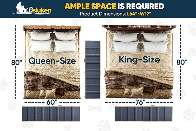Dog Ramp for Bed with Rails, 64" Long Foldable Pet Ramp for Small Large Dogs, Dog Ramps for High Beds with Safety Side Railng, 6 Adjustable Heights 24" to 30" Up to 220LBS (Gray, 64" X 17inch)