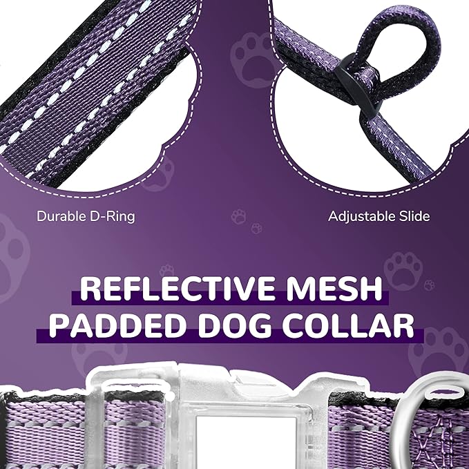 Reflective Dog Collar for Large Dogs Mesh Padded Large Dog Collar, Adjustable Pet Collar with Quick Release Buckle, Durable Breathable &Fade Resistant-Purple