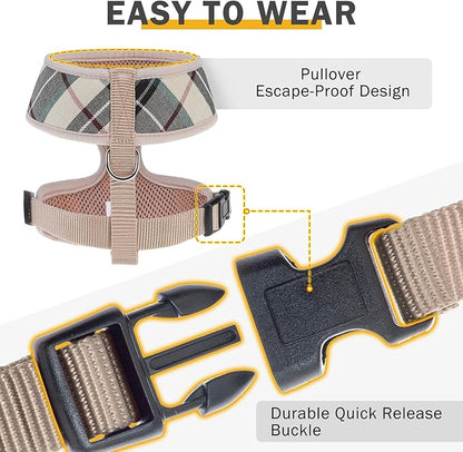 SCENEREAL No Pull Dog Harness Collar and Leash Set for Small Sized Dogs, Soft Mesh Plaid Harnesses for Fall Winter, Adjustable Pet Vest for Outdoor Walking Training and Running