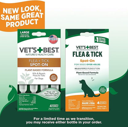 Vet’s Best Natural Flea and Tick Drops for Dogs – Natural Topical Flea Prevention with Certified Essential Oils – Plant-Based Spot-On Treatment for Large Dogs – Pest Control – 4 Month Supply