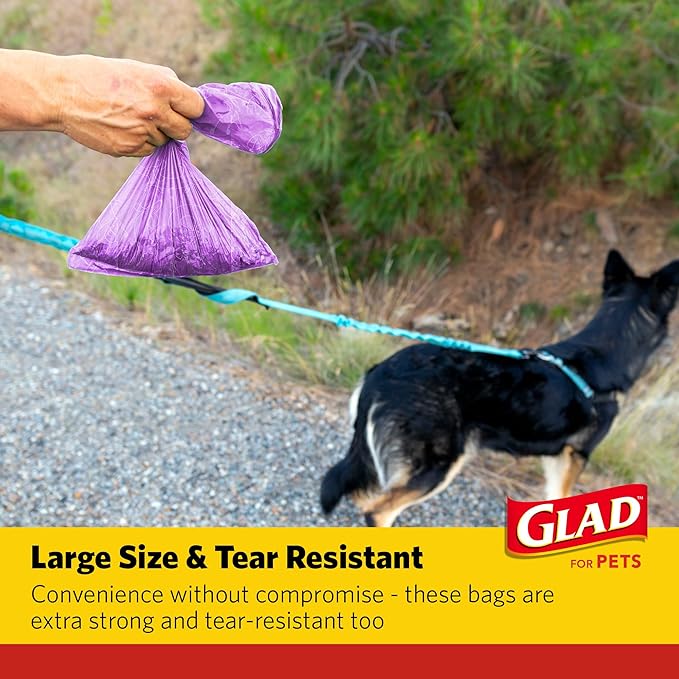 Glad for Pets Scented Waste Bags, Tear Resistant Pet Poop Pick-up Bags with Leak Protection, Fresh Lavender Scent, Purple Designs, 6 rolls, 90 bags total