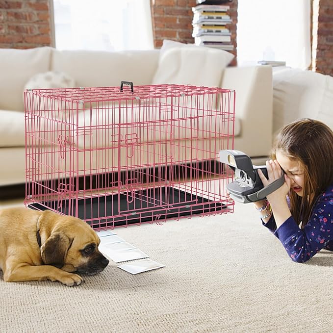 Dog Crate Dog Kennel Cage for Small Dogs, 24" Portable Foldable Indoor Outdoor Large Double Door Wire Metal Puppy Cat Pet Dog Cage with ABS Tray LC & Divider, Pink