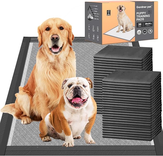 Charcoal Puppy Pads 27.6x33.5 Inches Extra Large Dog Pee Pads Odor-Control & Leak-Proof Disposable Pet Training Black New Edge-Wrapping Thicken Potty Pad for Dogs, Cats, Rabbits (30 Pieces)