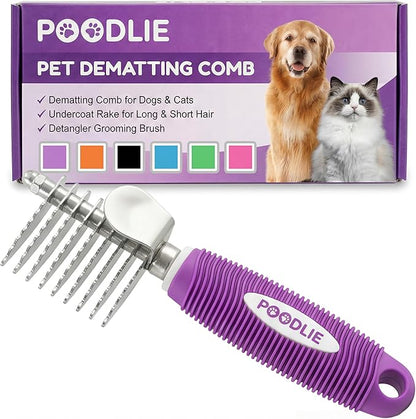 Poodle Dematting Fur Rake Comb Brush for Dogs and Cats - Long 2.5" Steel Safety Blades Metal Comb for Detangling Matted or Knotted Undercoat Hair