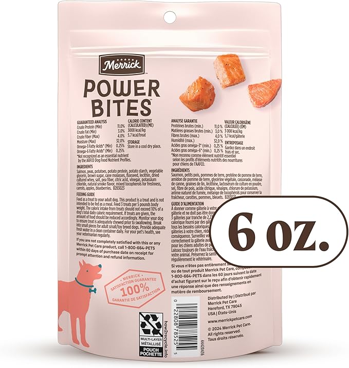 Merrick Power Bites Salmon Recipe Healthy Dog Treats, Real Salmon Grain-Free Dog Snacks, 6 oz Bag