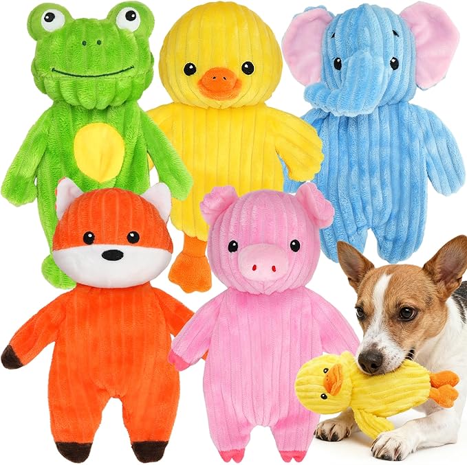 Prime Pets 5 Pack Plush Squeaky Dog Toys, No Stuffing Bodies, Crinkle Pet Toys for Small Medium Large Dogs, Puppy Chew Toy to Keep Them Busy