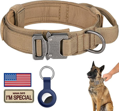 DAGANXI Tactical Dog Collar, Adjustable Military Training Nylon Dog Collar with Control Handle and Heavy Metal Buckle for Medium and Large Dogs, with Patches and Airtags Case (S, Brown)