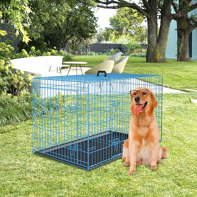 PayLessHere Large Dog Crate Kennel for Medium Large Dogs Metal Dog Cage Double-Door Folding Travel Indoor Outdoor Puppy Playpen with Divider and Handle Plastic Tray (48 Inch, Blue)