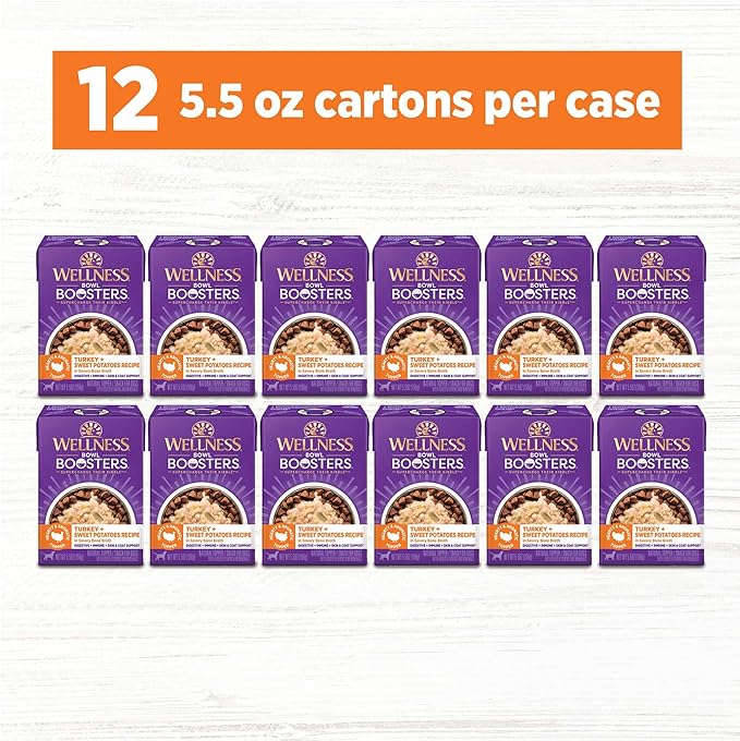 Wellness Bowl Boosters Hearty Topper Wet Dog Food for Small, Medium, and Large Breeds, Grain Free, Natural, Turkey and Sweet Potatoes Recipe, 5.5 oz, Pack of 12