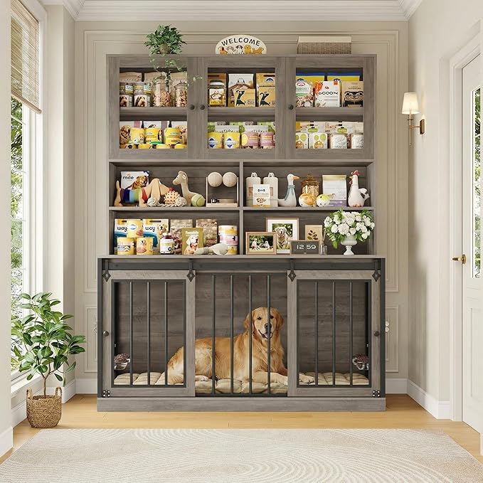 HOSTACK 71" Tall Dog Crate Furniture, 55" W Dog Kennel with Storage Hutch, XL Dog Crate for Dogs with Feeding Bowls, Indoor Heavy Duty Dog Cage with Removable Room Divider, Wooden Pet House, Ash Grey