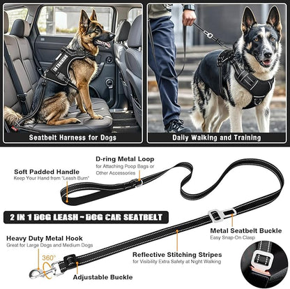 Tactical Dog Harness and Leash Set for Large Dogs,Heavy Duty No Pull Service Dog Vest and 10 Patches with Dog Seat Belt,Reflective Adjustable Pet Harness for Training Walking Hiking Black XL