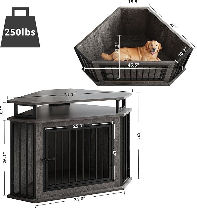 IRONCK Corner Wooden Dog Crate Furniture with 2-Tier Shelves, Pet Kennel for Large Dogs, Space-Saving Dog Cage Indoor, Rustic Brown (26.7" L x 51.2" W x 33.5" H)