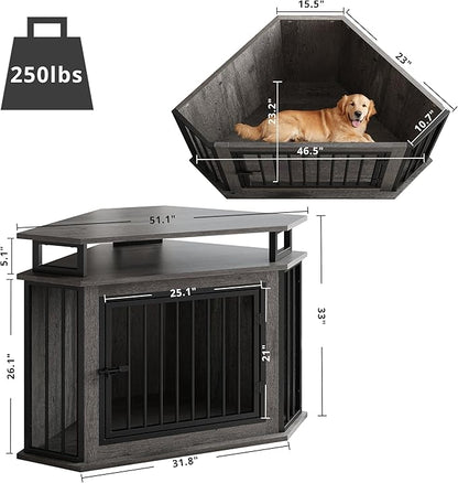 IRONCK Corner Wooden Dog Crate Furniture with 2-Tier Shelves, Pet Kennel for Large Dogs, Space-Saving Dog Cage Indoor, Rustic Brown (26.7" L x 51.2" W x 33.5" H)