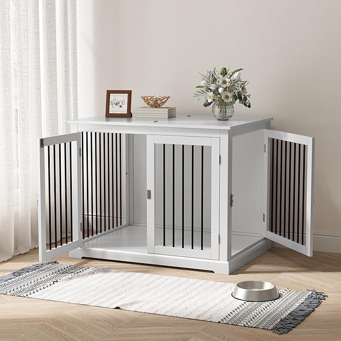 PUPETPO Dog Crate Furniture with Cushion, Dog Crate End Table Large, Indoor Dog Kennel, Dog House, Dog Cages for Large Dogs, Furniture Style Dog Crate with Flip-top, Chew-Proof Metal Bars, White