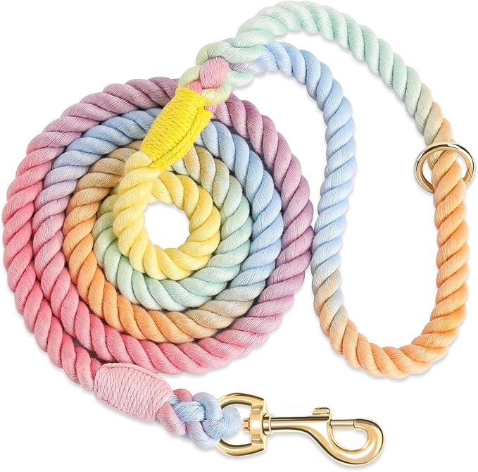 Dog Leash 6 FT Handmade Braided Cotton Rope Leashes for Small Medium and Large Dogs, New Golden Heavy Duty Metal Clasp, Colorful Macaron