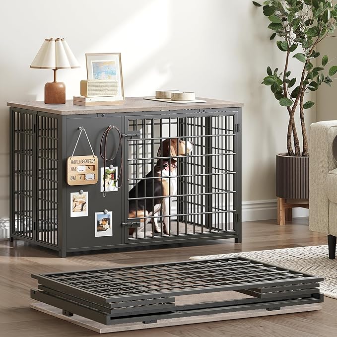 YATINEY Foldable Dog Crate Furniture, Dog Crate with DIY Frame, Heavy Duty Dog Kennel Indoor with Hooks, Wooden Dog Cage End Table, for Small/Medium Dogs, Greige DC95BG