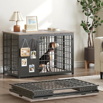 YATINEY Foldable Dog Crate Furniture, Dog Crate with DIY Frame, Heavy Duty Dog Kennel Indoor with Hooks, Wooden Dog Cage End Table, for Small/Medium Dogs, Greige DC95BG