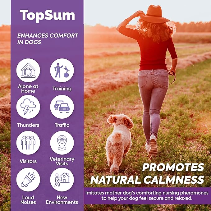 TopSum Calming Diffuser for Dog: Dog Pheromones Calming Diffuser Plug for Stress, Barking, Chewing, Pee Accidents & Separation Behaviors (Purple– 3 Diffusers + 3 Refills)