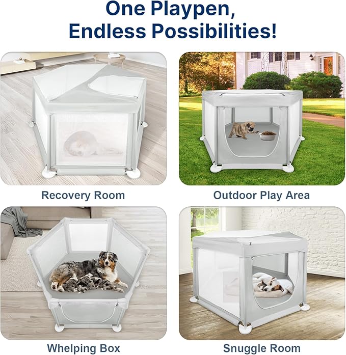 58.3"x58.3"x29.9" Large Dog Playpen Indoor, Extra Tall Puppy Playpen with Removable Roof, Sturdy Fabric Dog Pen for Medium to Large Pets, Spacious Hexagonal Pet Playpen Indoor for Comfort & Security