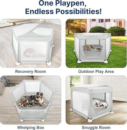 58.3"x58.3"x29.9" Large Dog Playpen Indoor, Extra Tall Puppy Playpen with Removable Roof, Sturdy Fabric Dog Pen for Medium to Large Pets, Spacious Hexagonal Pet Playpen Indoor for Comfort & Security