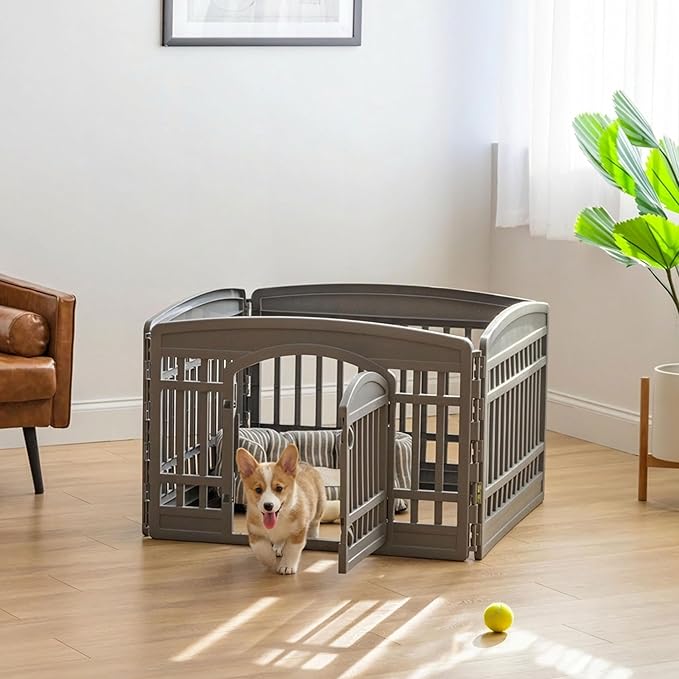 IRIS USA 24" Dog Playpen 4-Panel Pet Exercise Pen with Door Gate 35 x 35 x 24 Puppy Play Pen Indoor Outdoor Plastic Foldable Portable Pet Fence for Small Medium Dogs Puppies Multiple Pets Gray