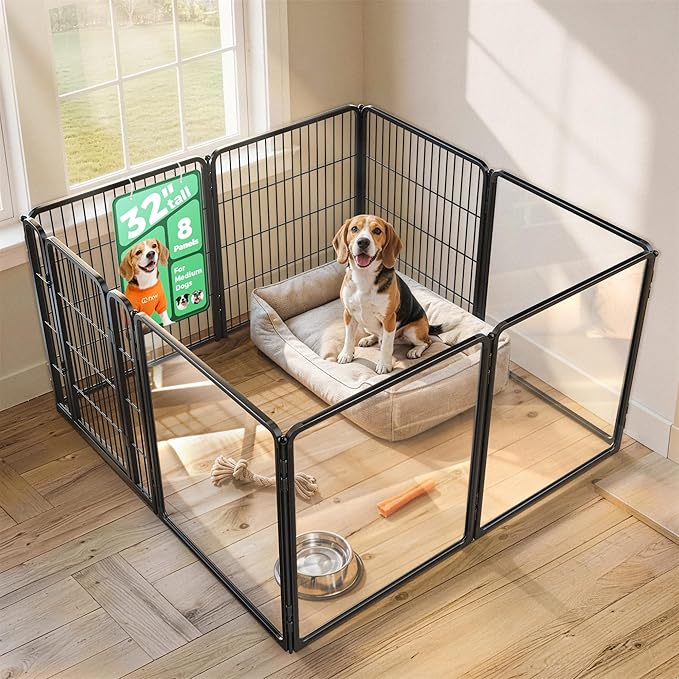 FXW AuraSpace Pro Acrylic & Wire Mesh Indoor Dog Playpen, 32" Height 8 Panels Metal Dog Pen for Small and Medium Dogs, Black│Patented